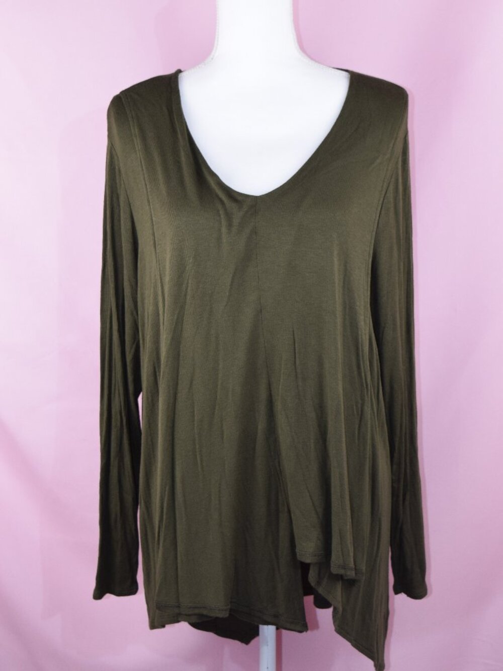 Jennifer Lopez Olive Green Asymmetrical V-Neck Ribbed Tunic Top | Size 1X (Plus)
